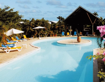 Piscine avec terrasse de bronzage et transats
